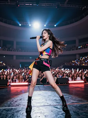 A female K-pop performer in a colorful outfit sings passionately on a brightly lit stage, with a large audience holding light sticks in the background.