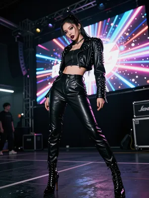A female K-pop idol in a black leather outfit, including a studded jacket, crop top, and pants, poses confidently on a stage with a vibrant neon LED screen in the background.