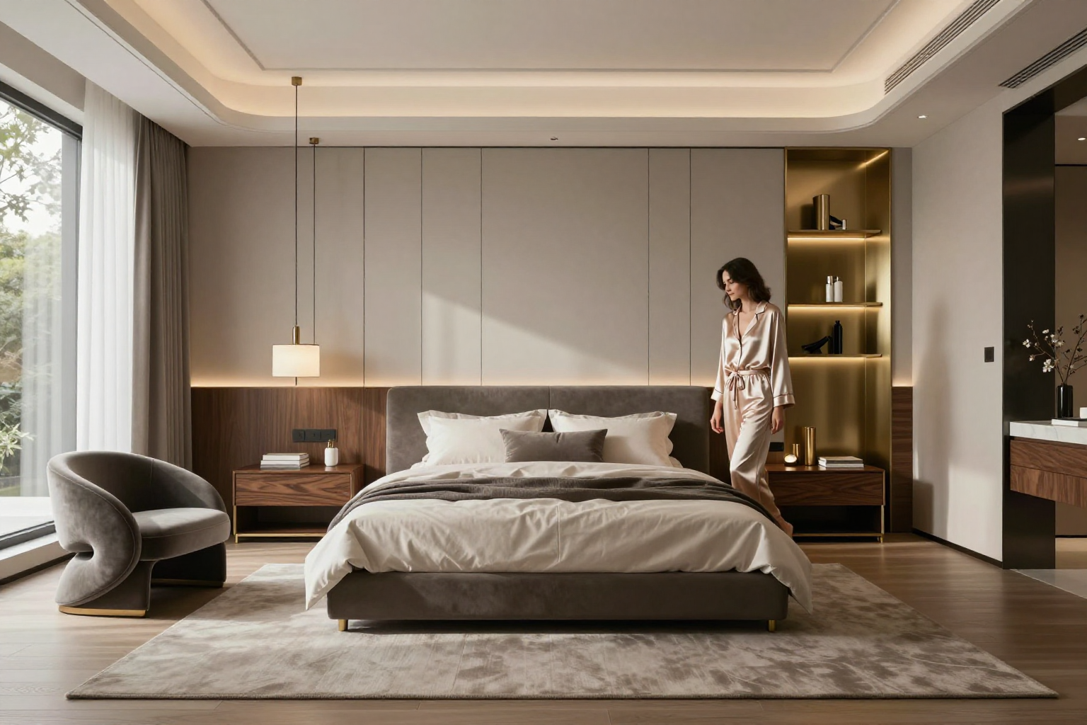 A luxurious bedroom with a woman in silk pajamas walking past a bed, featuring a large window, a sculptural chair, and integrated shelving.
