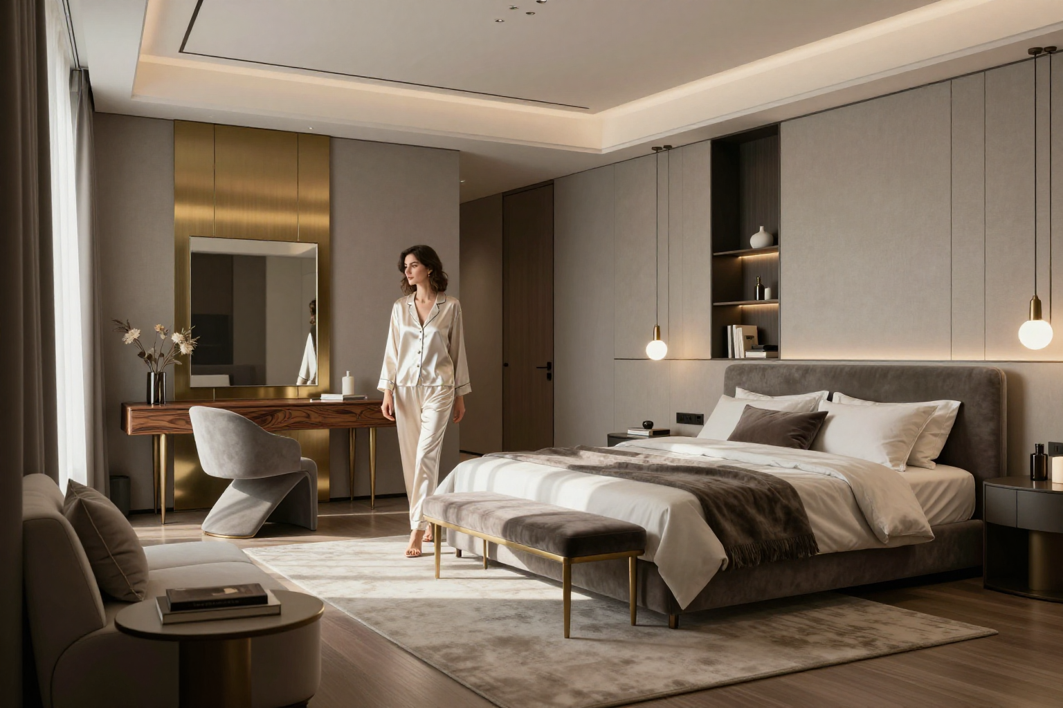 A woman in silk pajamas walks through a luxurious, modern bedroom with a large bed, vanity, and seating area, bathed in soft natural light.