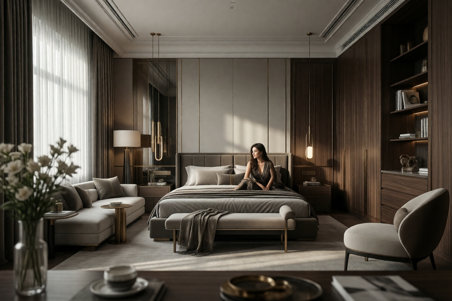 A luxurious, photorealistic bedroom featuring a woman sitting on a bed, with elegant furniture, rich textures, and soft lighting.