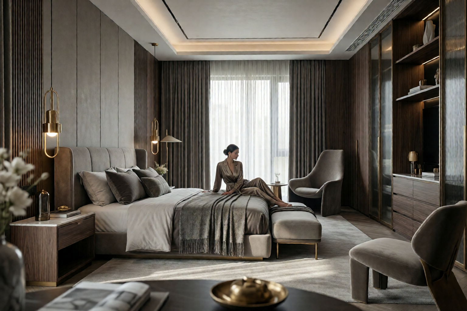 A luxurious, modern bedroom with a woman in loungewear sitting on the bed, featuring neutral tones, wood panels, and elegant lighting.