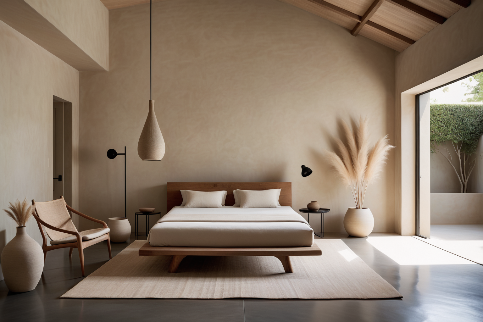 A minimalist master bedroom with a low platform bed, a light wood armchair, and pampas grass in vases, all in warm, earthy tones.