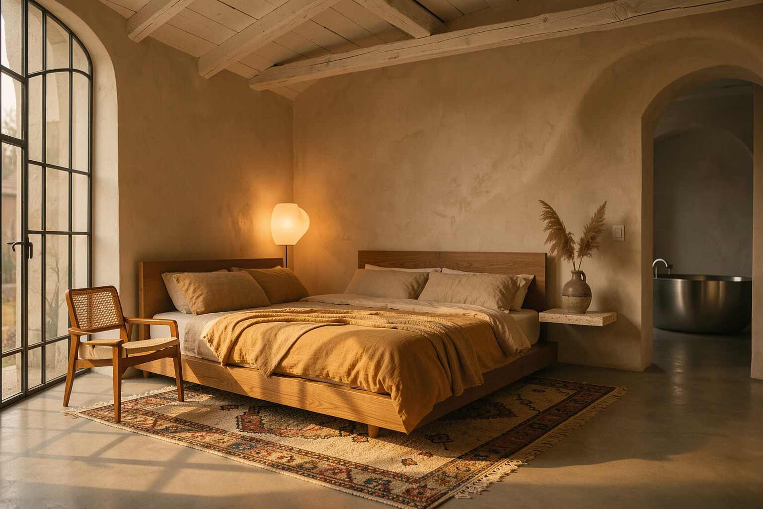 A serene bedroom with a low wooden bed, neutral linen bedding, a patterned rug, and a large arched window, bathed in golden light.