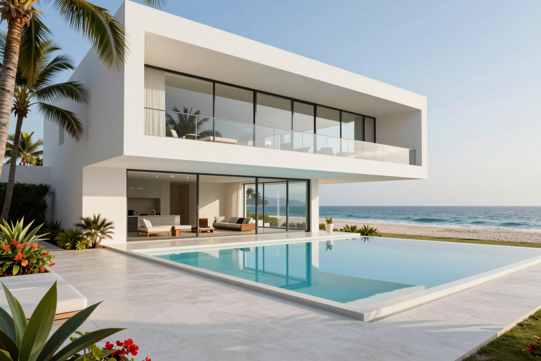 A modern white minimalist villa with large glass windows and a swimming pool, situated on a sandy beach next to the ocean.