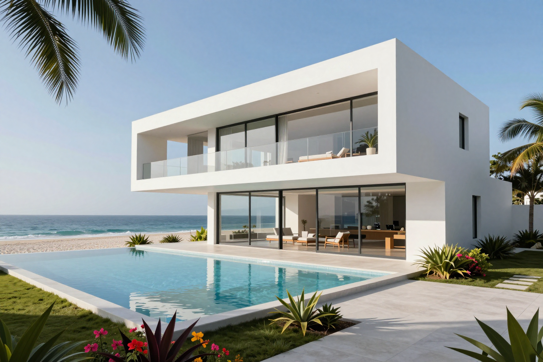 A modern white minimalist villa with a swimming pool on a white sand beach overlooking the ocean under a clear blue sky.
