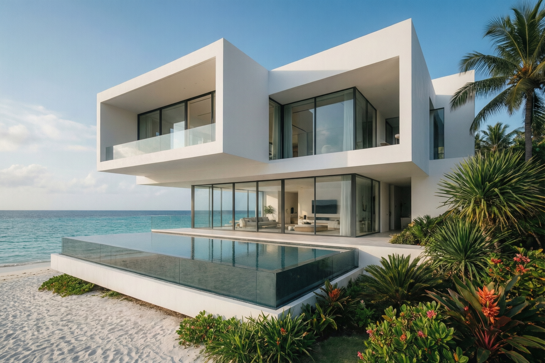 A modern white minimalist villa with an infinity pool on a white sand beach, overlooking a turquoise ocean under a clear sky.