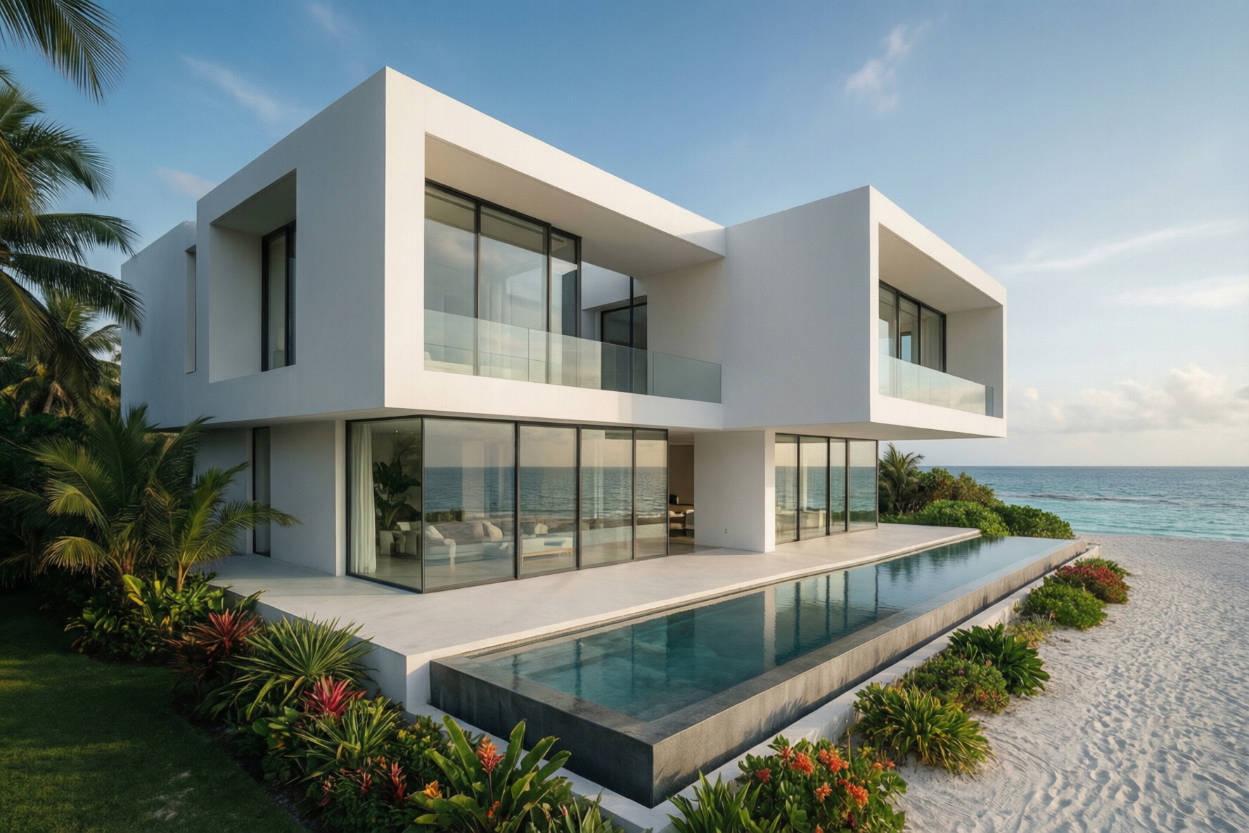 A modern white minimalist villa with an infinity pool on a white sand beach, overlooking a turquoise ocean under a blue sky.