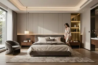 A luxurious bedroom with a woman in silk pajamas walking past a bed, featuring a large window, a sculptural chair, and integrated shelving.
