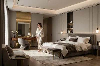 A woman in silk pajamas walks through a luxurious, modern bedroom with a large bed, vanity, and seating area, bathed in soft natural light.