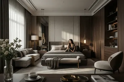 A luxurious, photorealistic bedroom featuring a woman sitting on a bed, with elegant furniture, rich textures, and soft lighting.