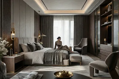 A luxurious, modern bedroom with a woman in loungewear sitting on the bed, featuring neutral tones, wood panels, and elegant lighting.