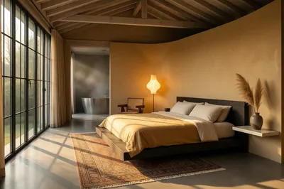 A luxurious, sunlit master bedroom with a low-profile bed, large windows, and an adjacent bathroom with a freestanding tub.