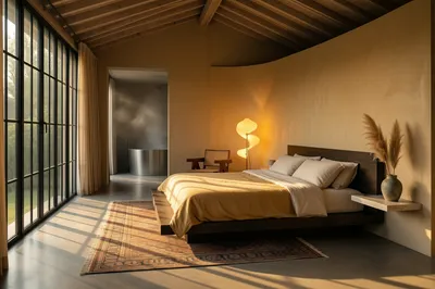 A sunlit, minimalist bedroom with a low platform bed, large steel-framed windows, and an adjacent bathroom with a freestanding tub.