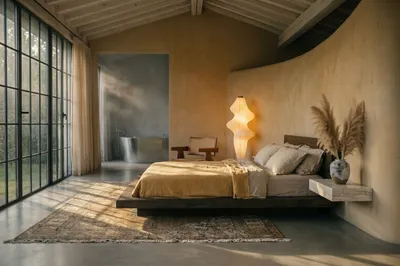 A serene bedroom with a low platform bed, large steel-framed windows, a curved limewash wall, and a sculptural floor lamp, with a bathtub visible in the background.