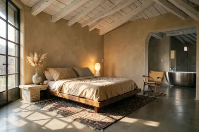A serene bedroom with a low platform bed, a large window, and an open archway leading to a bathroom with a freestanding tub.