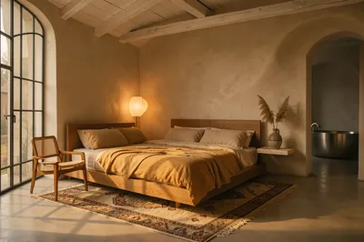 A serene bedroom with a low wooden bed, neutral linen bedding, a patterned rug, and a large arched window, bathed in golden light.