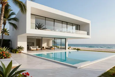 A modern white minimalist villa with large glass windows and a swimming pool, situated on a sandy beach next to the ocean.