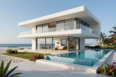 A modern white two-story villa with large glass windows and an infinity pool, situated on a sandy beach next to the ocean under a clear sky.