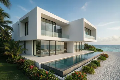 A modern white minimalist villa with an infinity pool on a white sand beach, overlooking a turquoise ocean under a blue sky.