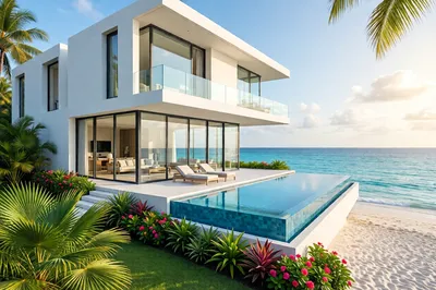 A modern white minimalist villa with an infinity pool overlooking a turquoise ocean and white sand beach, surrounded by tropical plants.