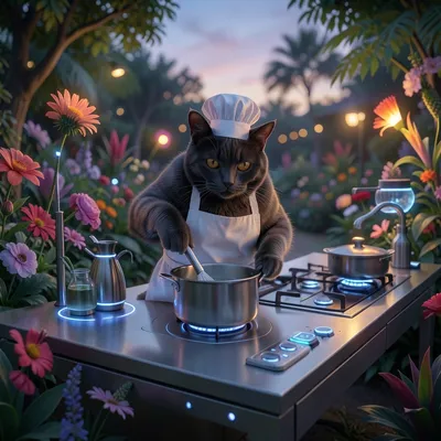 A gray cat wearing a chef's hat and apron stirs a pot on a modern outdoor kitchen counter in a lush, flower-filled garden at twilight.
