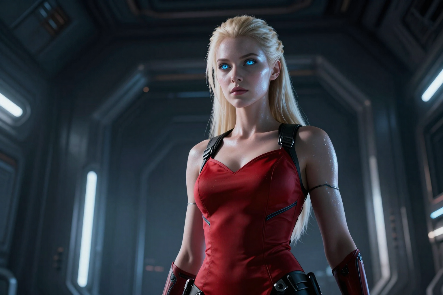 A photorealistic image of a female humanoid android with platinum blonde hair and glowing blue eyes, wearing a red dress, standing in a futuristic metallic corridor.