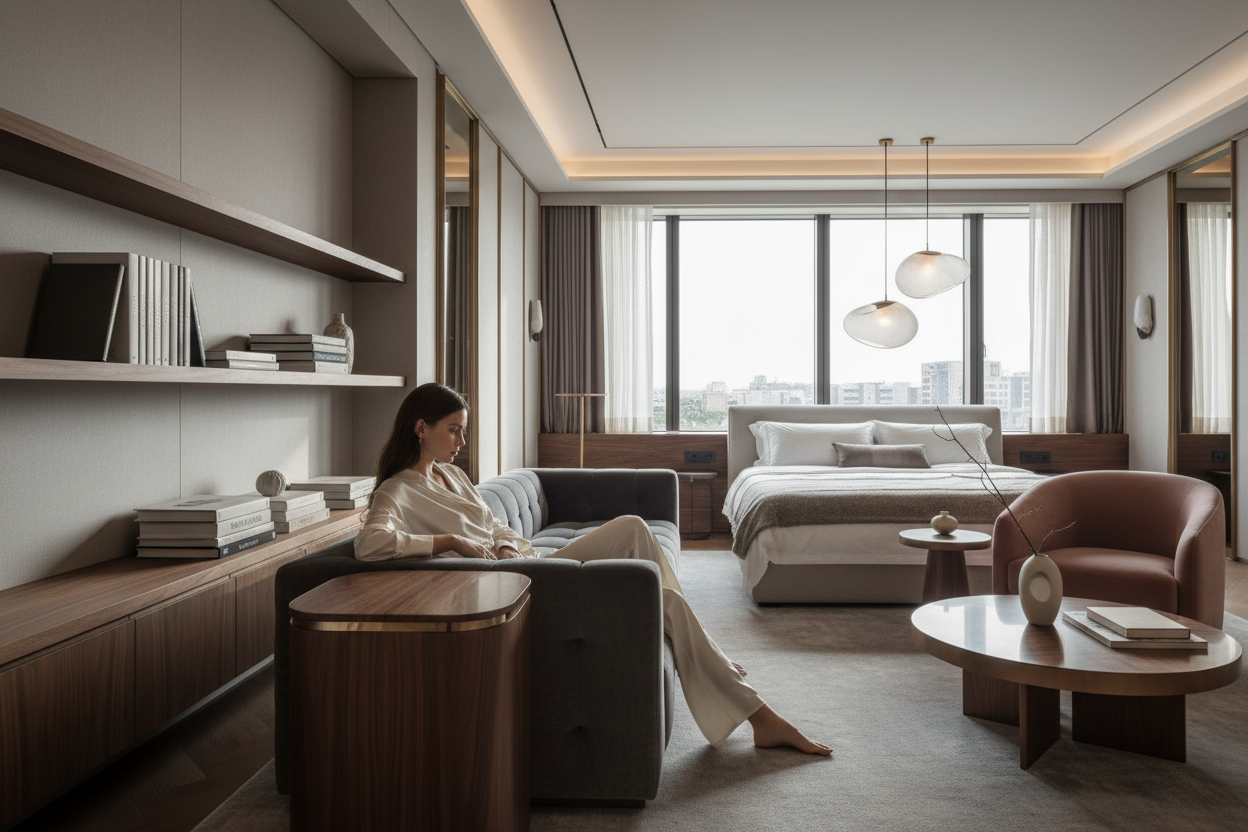 A woman sits on a sofa in a luxurious bedroom. The room features a large window, a bed, and modern furniture.