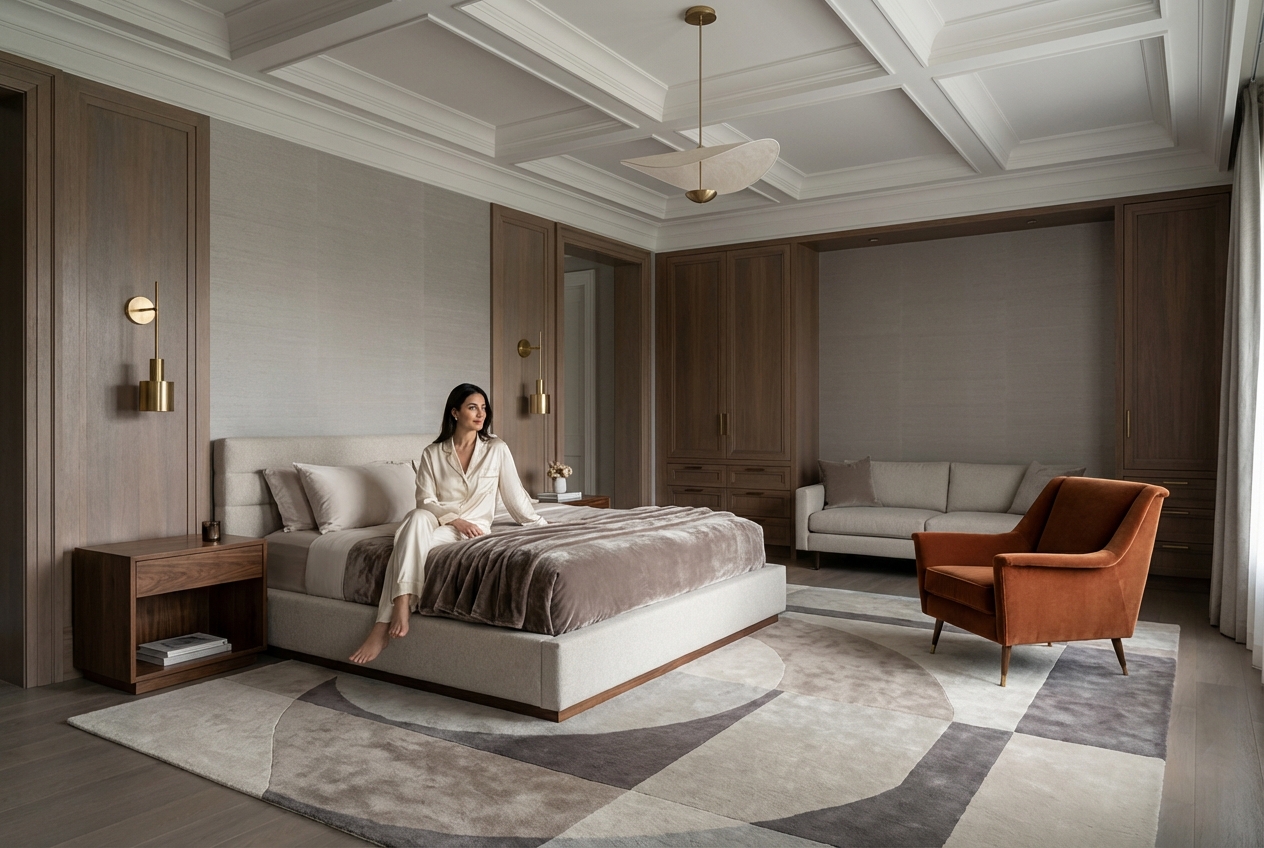 A woman sits on a bed in a luxurious bedroom. The room features a neutral color palette, wood paneling, and a geometric rug.