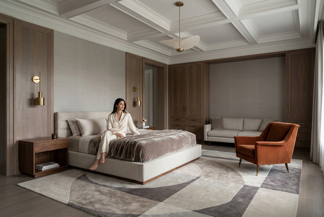 A woman in pajamas sits on a bed in a luxurious bedroom. The room features a neutral color palette, wood paneling, and a geometric rug.