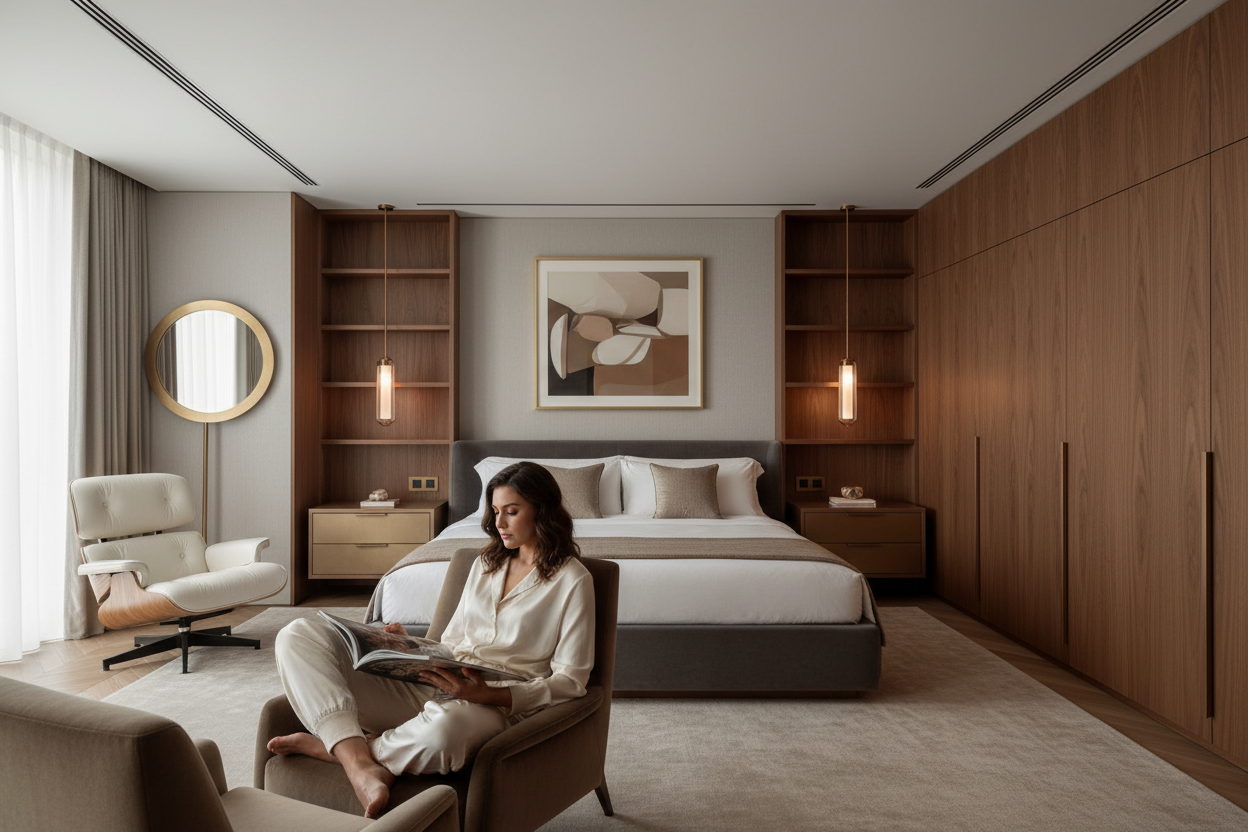 A woman sits in a chair reading in a luxurious bedroom. The room features a large bed, wooden cabinets, and a round mirror.