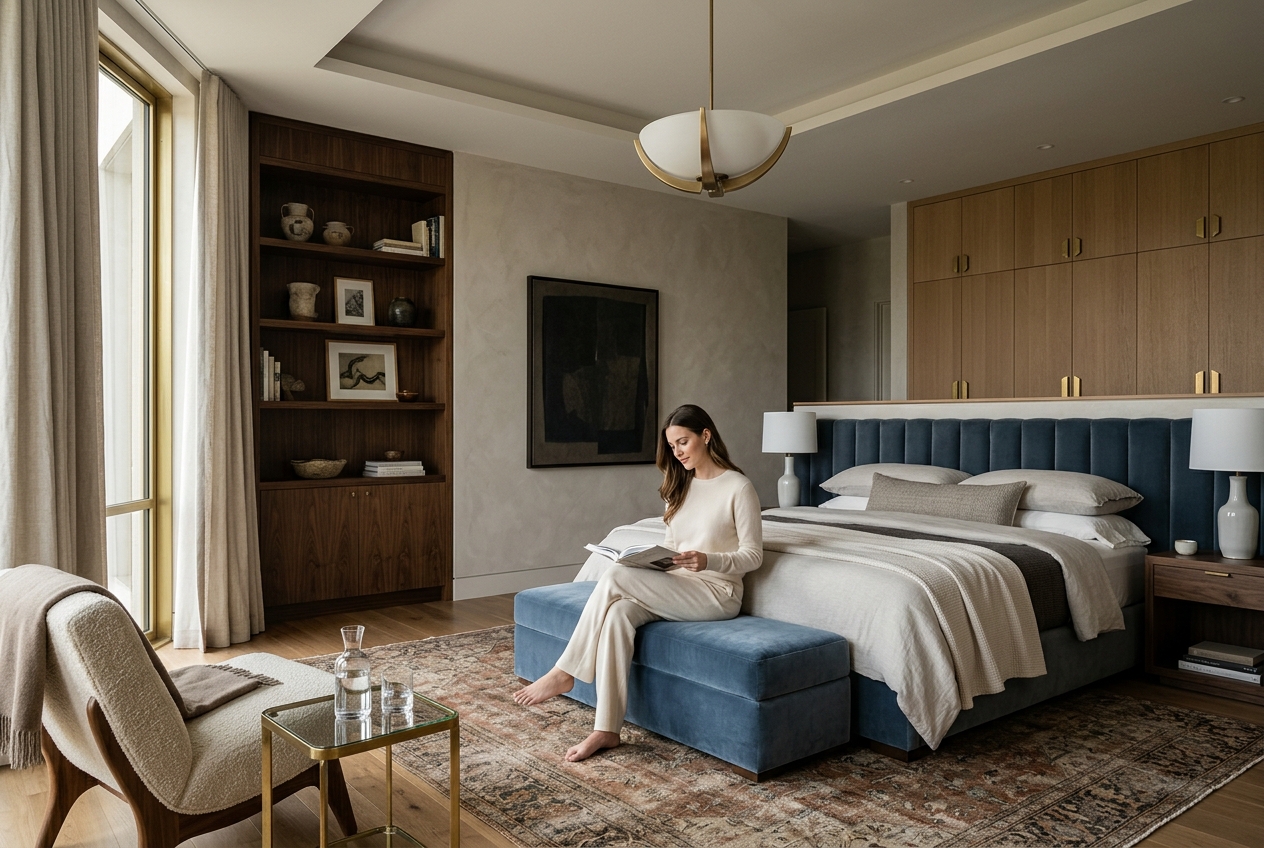 A woman sits on a blue velvet bench in a luxurious bedroom, reading a book. The room features a large bed, wooden furniture, and a neutral color palette.