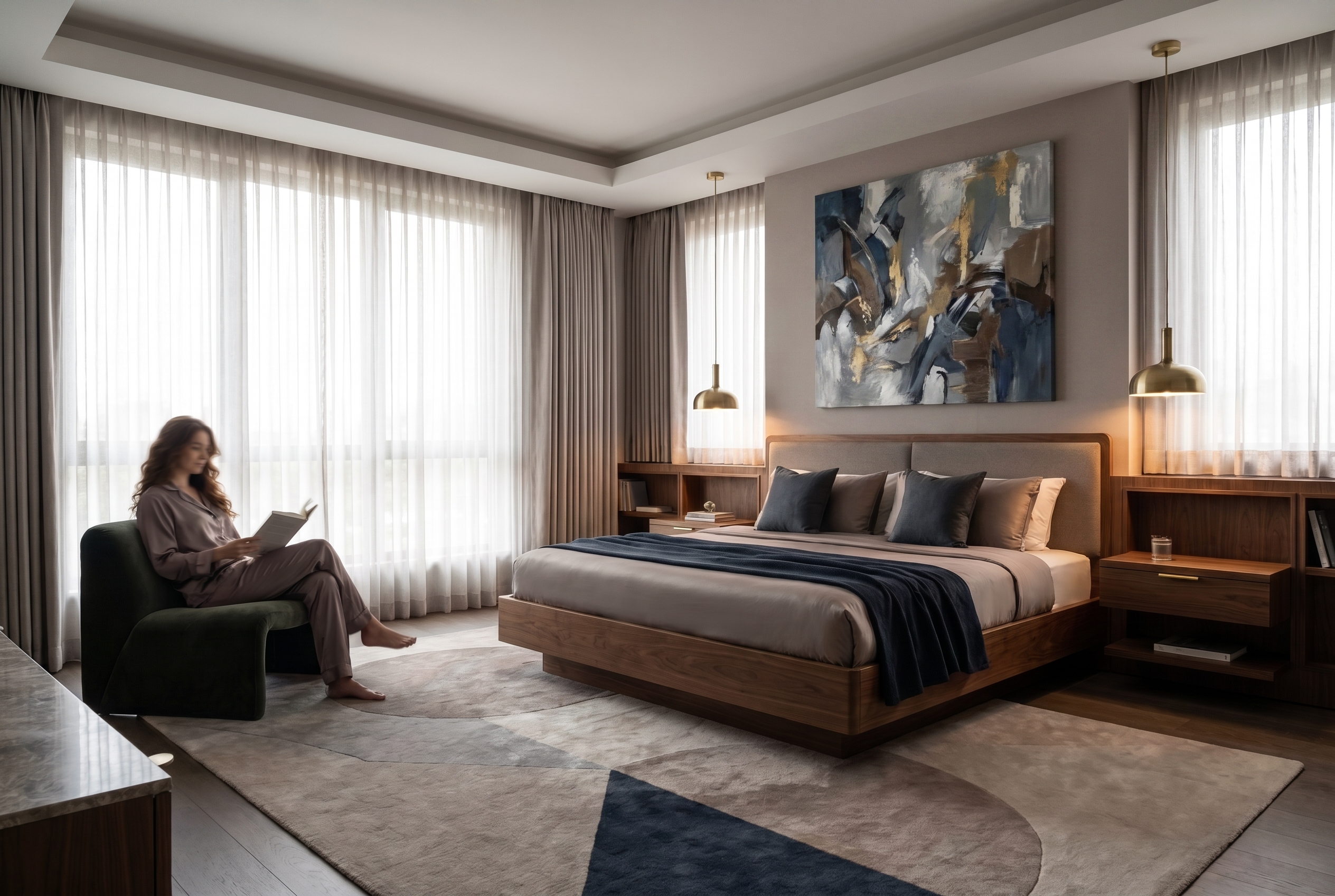 A woman reads in a modern bedroom with a large bed and abstract art.