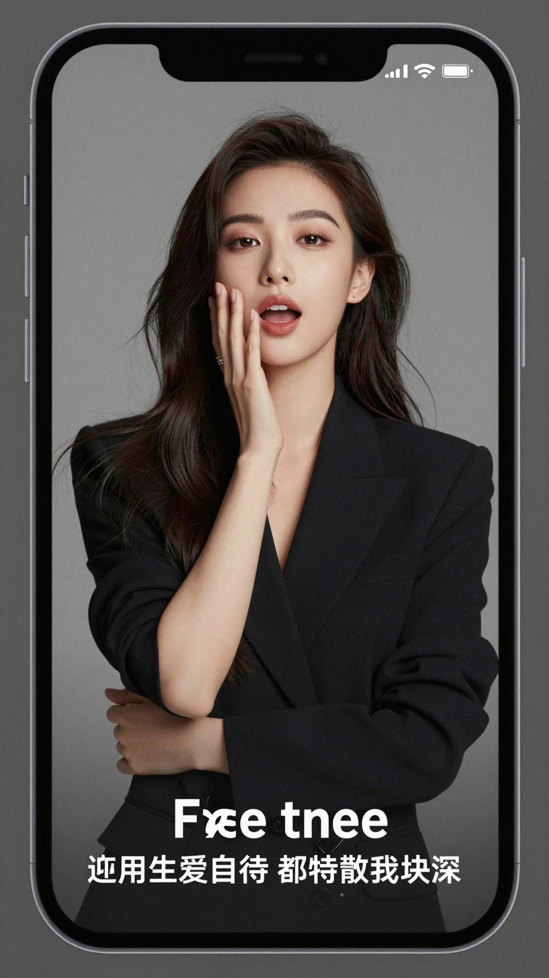 A woman in a black blazer on a smartphone screen.