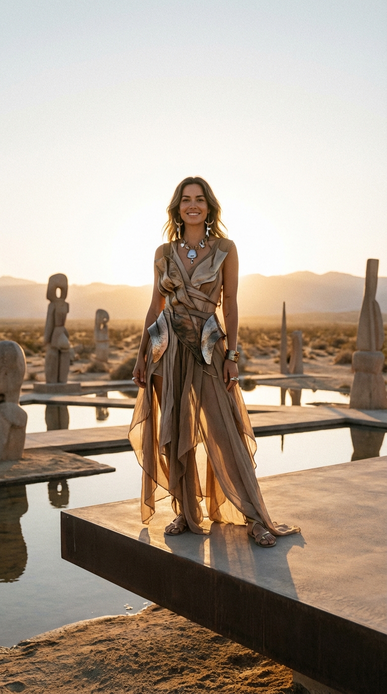 A woman in a flowing dress stands on a platform in a desert landscape, sculptures and reflecting pools in the background.