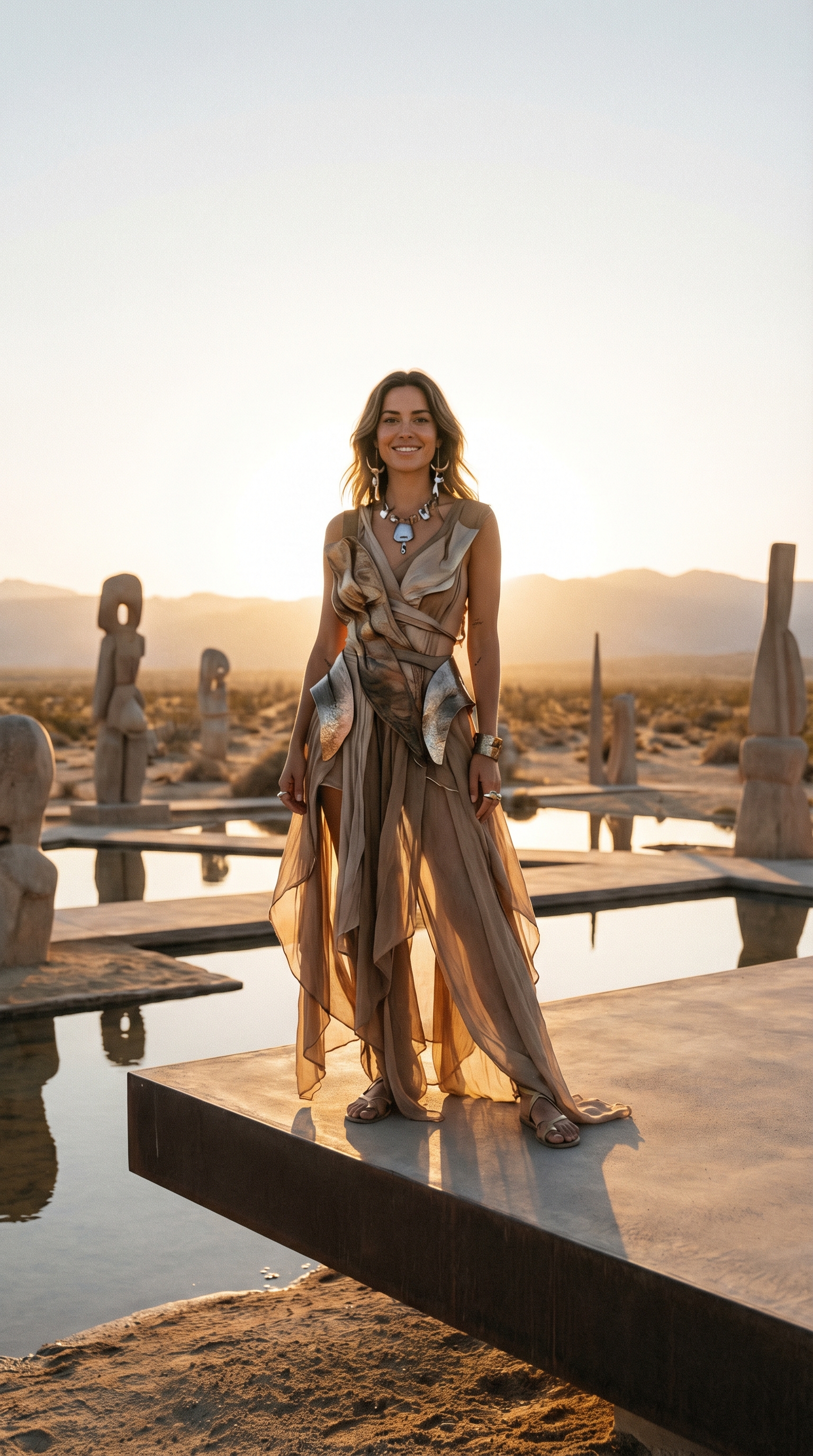 A woman in a flowing dress stands on a platform in a desert landscape, with sculptures and reflecting pools.
