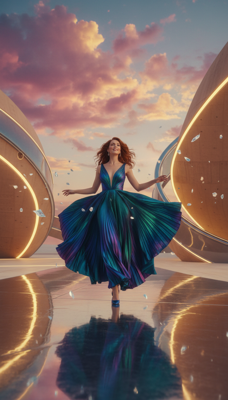 A woman in a flowing, iridescent gown, walking in a futuristic setting with a colorful sky.