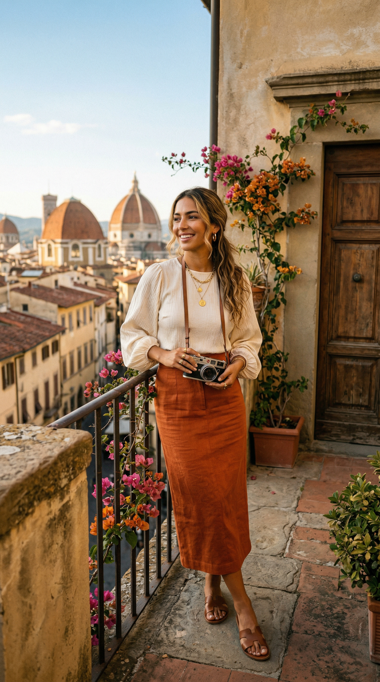 A woman stands on a balcony in Florence, holding a camera and smiling. The Duomo is visible in the background.