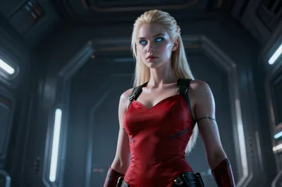 A photorealistic image of a female humanoid android with platinum blonde hair and glowing blue eyes, wearing a red dress, standing in a futuristic metallic corridor.
