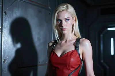 A photorealistic image of a female humanoid android with platinum blonde hair and piercing blue eyes, wearing a red leather dress with black straps, standing in a dimly lit metallic sci-fi corridor.