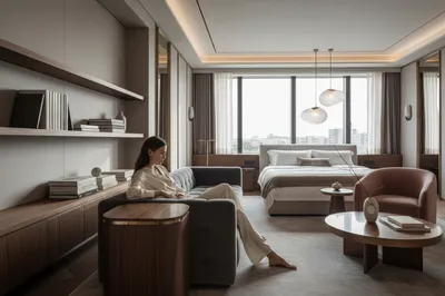 A woman sits on a sofa in a luxurious bedroom. The room features a large window, a bed, and modern furniture.