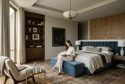 A woman sits on a blue velvet bench in a luxurious bedroom, reading a book. The room features a large bed, wooden furniture, and a neutral color palette.