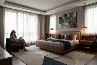A woman reading in a modern bedroom with a large bed, abstract art, and sheer curtains.