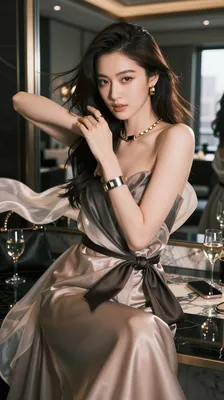 A woman in a satin dress, posing in a luxurious setting, with jewelry and a glass of champagne.