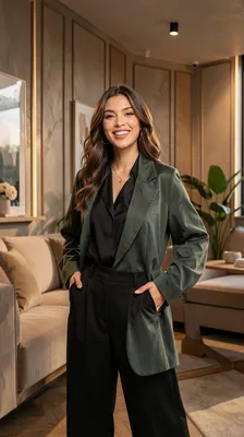 A woman in a green blazer and black pants smiles in a modern interior.