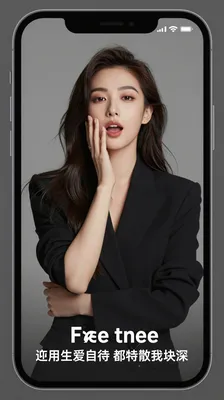A woman in a black blazer on a smartphone screen.
