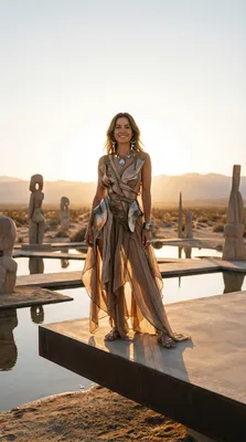A woman in a flowing dress stands on a platform in a desert landscape, with sculptures and reflecting pools.