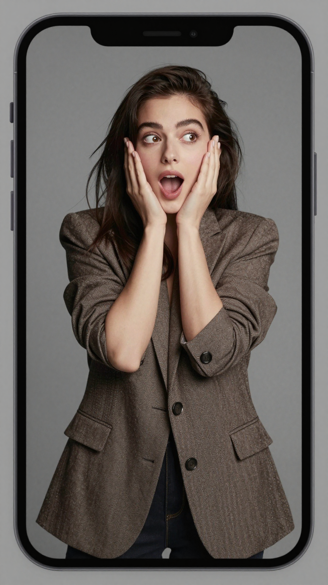 A woman with dark hair, wearing a brown blazer, looks surprised with her hands on her cheeks.