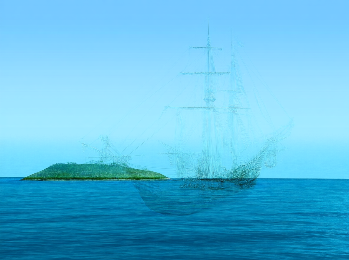 A ghostly ship sails past a small island in a calm sea under a clear sky.