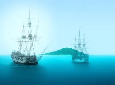 Two tall ships sailing on a turquoise sea, with an island in the background.